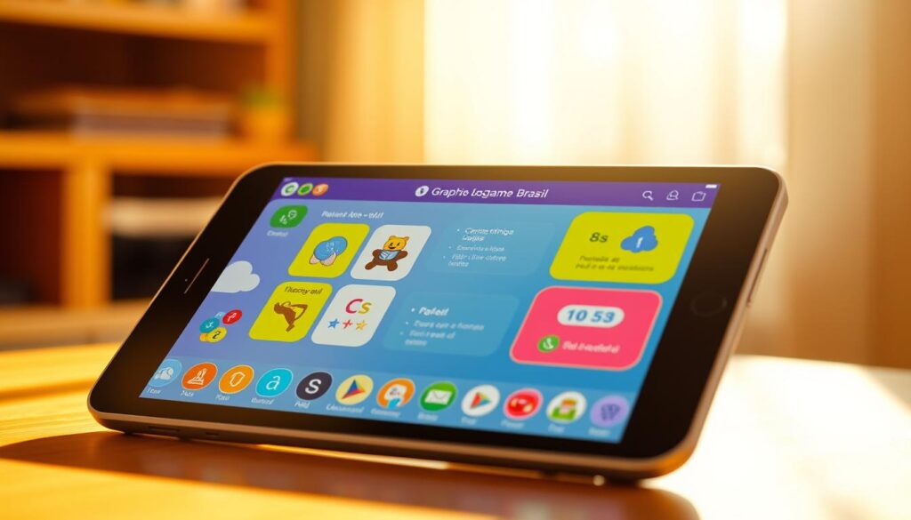 A close-up view of the GraphoGame Brasil educational app interface, featuring a vibrant and engaging design with colorful icons, interactive game elements, and a clean, intuitive layout. The app is displayed on a modern touchscreen device, bathed in warm, natural lighting that casts a soft, inviting glow. The overall composition conveys a sense of educational empowerment and digital learning, reflecting the app's role in the Federal Government's efforts to improve literacy and numeracy skills among students.