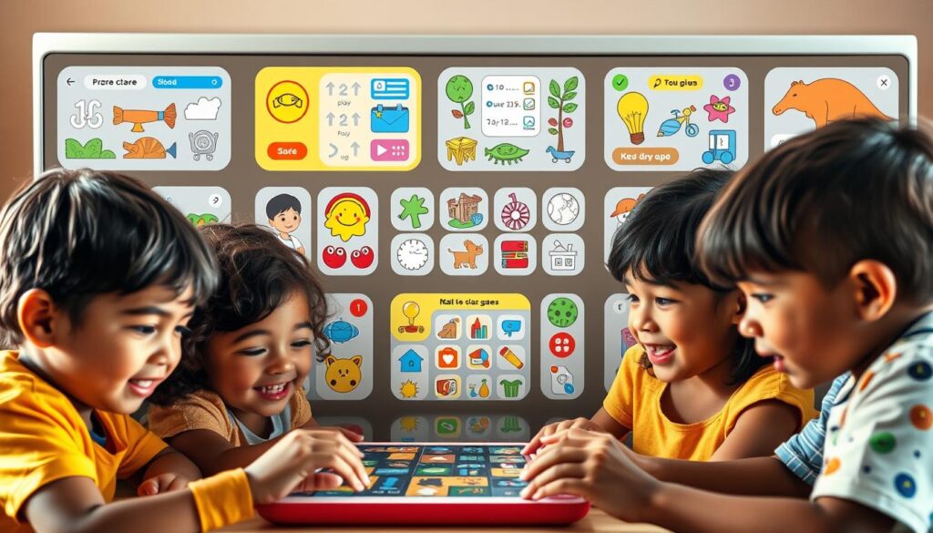 A vibrant and interactive literacy application is displayed, showcasing a clean and intuitive user interface. The foreground features a group of diverse children engaged with the app, their faces lit with excitement as they navigate through various educational games and activities. The middle ground depicts a range of colorful icons, illustrations, and interactive elements that capture the playful and engaging nature of the application. The background sets the scene, with a warm and inviting color palette that evokes a sense of warmth and learning. The lighting is soft and natural, casting a gentle glow over the entire scene, creating a welcoming and inviting atmosphere. The overall composition conveys the effectiveness and user-friendliness of the "Graphogame do Governo Federal" literacy solution.