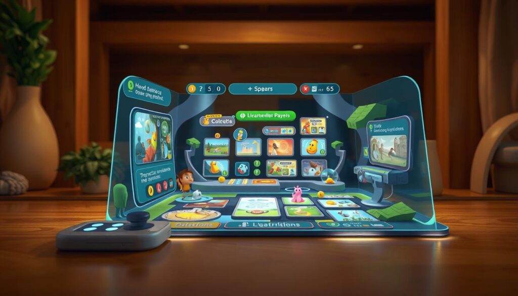 A vibrant, educational game mechanic unfolding in a well-lit, realistic setting. The foreground depicts a crisp, three-dimensional user interface with intuitive controls and dynamic visual feedback, inviting players to interact with the game world. The middle ground showcases the core gameplay elements, such as animated characters, interactive puzzles, and engaging mini-games that reinforce learning objectives. The background features a warm, natural environment with subtle textures and lighting, creating a immersive and enriching educational experience for the player.