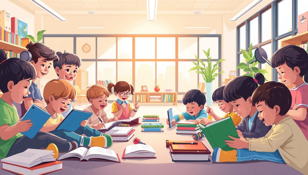 A vibrant, realistic illustration depicting the results of early childhood literacy. In the foreground, a group of diverse children enthusiastically engaged in various learning activities, such as reading, writing, and interactive games. The middle ground showcases educational materials, including books, tablets, and learning aids, all designed to foster a nurturing and stimulating environment. The background features a modern, well-equipped classroom setting with large windows, allowing natural light to flood the space, creating a warm and inviting atmosphere. The overall scene conveys a sense of progress, growth, and the positive impact of effective literacy programs on young learners.