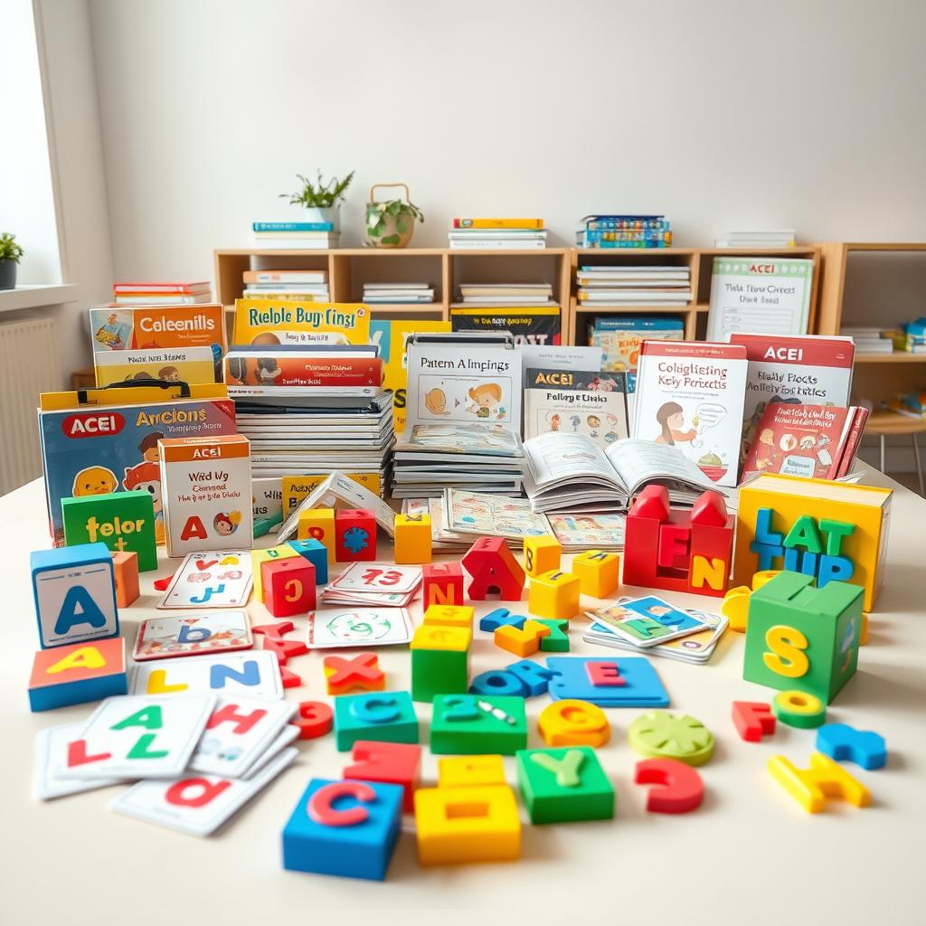 A well-lit, high-resolution photograph showcasing a comprehensive set of educational materials for literacy development. In the foreground, an array of colorful, tactile learning aids including flashcards, letter blocks, and pattern-building puzzles from the ACEI brand. The middle ground features a range of storybooks, workbooks, and writing tools neatly arranged on a clean, neutral-toned surface. The background subtly suggests a modern, well-equipped classroom or learning environment, with soft lighting and minimal distractions. The overall composition conveys a sense of organization, quality, and a focus on hands-on, engaging literacy instruction. A well-lit, high-resolution photograph showcasing a comprehensive set of educational materials for literacy development. In the foreground, an array of colorful, tactile learning aids including flashcards, letter blocks, and pattern-building puzzles from the ACEI brand. The middle ground features a range of storybooks, workbooks, and writing tools neatly arranged on a clean, neutral-toned surface. The background subtly suggests a modern, well-equipped classroom or learning environment, with soft lighting and minimal distractions. The overall composition conveys a sense of organization, quality, and a focus on hands-on, engaging literacy instruction.