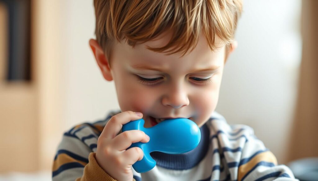 Criança com autismo utilizando mordedor sensorial para regulação emocional