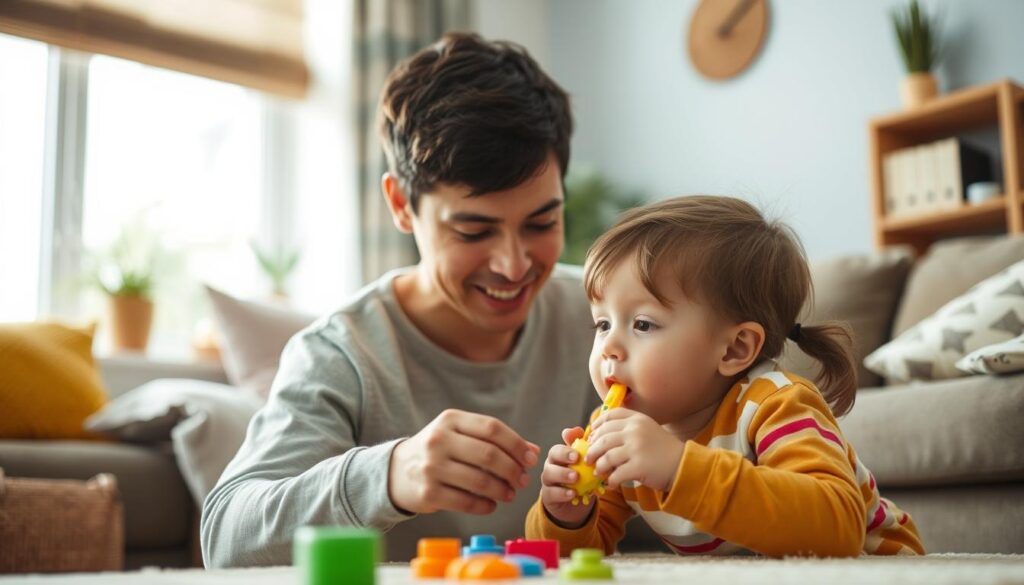 Família implementando mordedor sensorial na rotina de criança com autismo