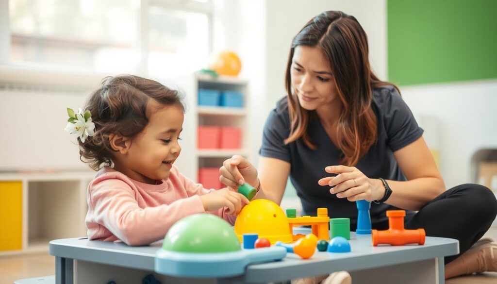 Terapeuta ocupacional avaliando necessidades sensoriais de criança com autismo