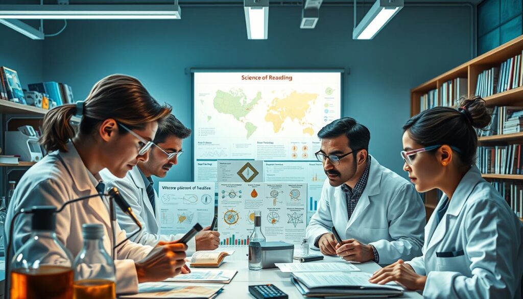 Vivid scientific evidence in literacy: a realistic image showcasing the fundamental principles and research supporting effective teaching methods. A meticulously detailed scene depicting a well-lit laboratory workspace, with scientific instruments, data visualizations, and educational materials prominently displayed. The foreground features a group of researchers deeply engaged in analyzing their findings, their expressions conveying a sense of discovery and intellectual curiosity. The middle ground showcases an array of scientific diagrams, charts, and publications related to the science of reading acquisition. The background subtly hints at a broader educational context, with shelves of books and educational resources lining the walls. The overall atmosphere is one of rigor, professionalism, and a commitment to evidence-based practices in literacy instruction.