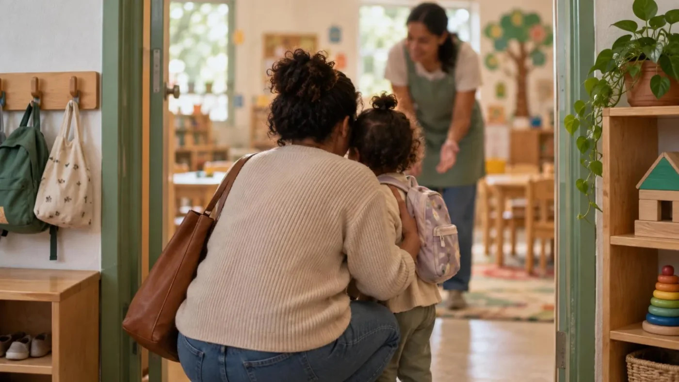 Mãe agachada de costas se despedindo de criança pequena na porta da sala da creche, com educadora ao lado