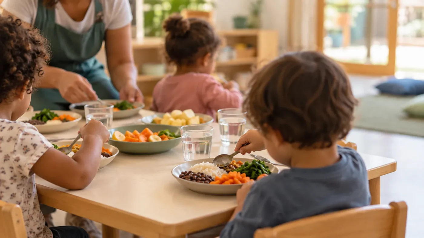 Crianças com uma educadora comem arroz, feijão e legumes em mesa infantil, com água e frutas