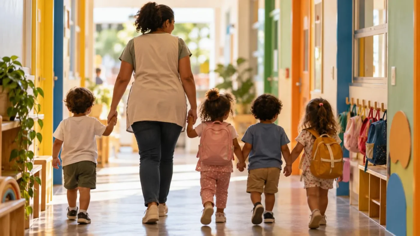 Crianças pequenas de costas caminhando de mãos dadas com educadora em corredor de escola infantil