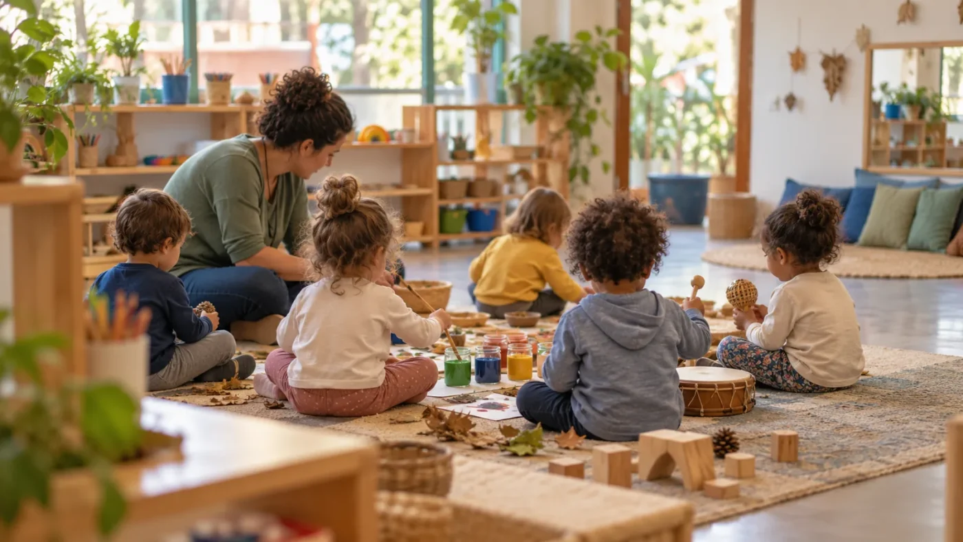 Educadora e crianças sentadas em roda exploram tintas, folhas, blocos e instrumentos musicais