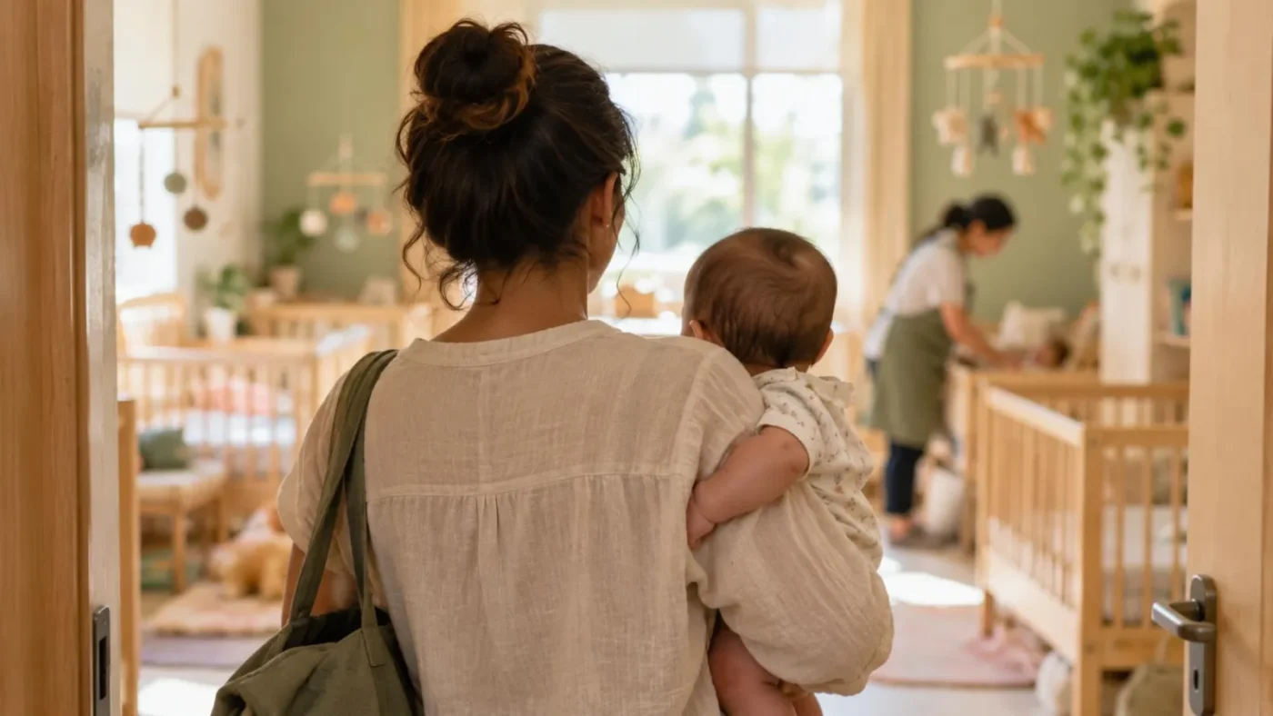 Mãe de costas com bebê no colo na entrada de um berçário com berços, educadora desfocada ao fundo