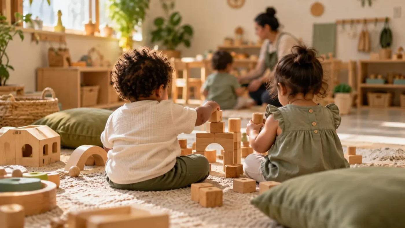 Crianças pequenas de costas brincando no tapete de uma sala de creche, com educadora desfocada ao fundo