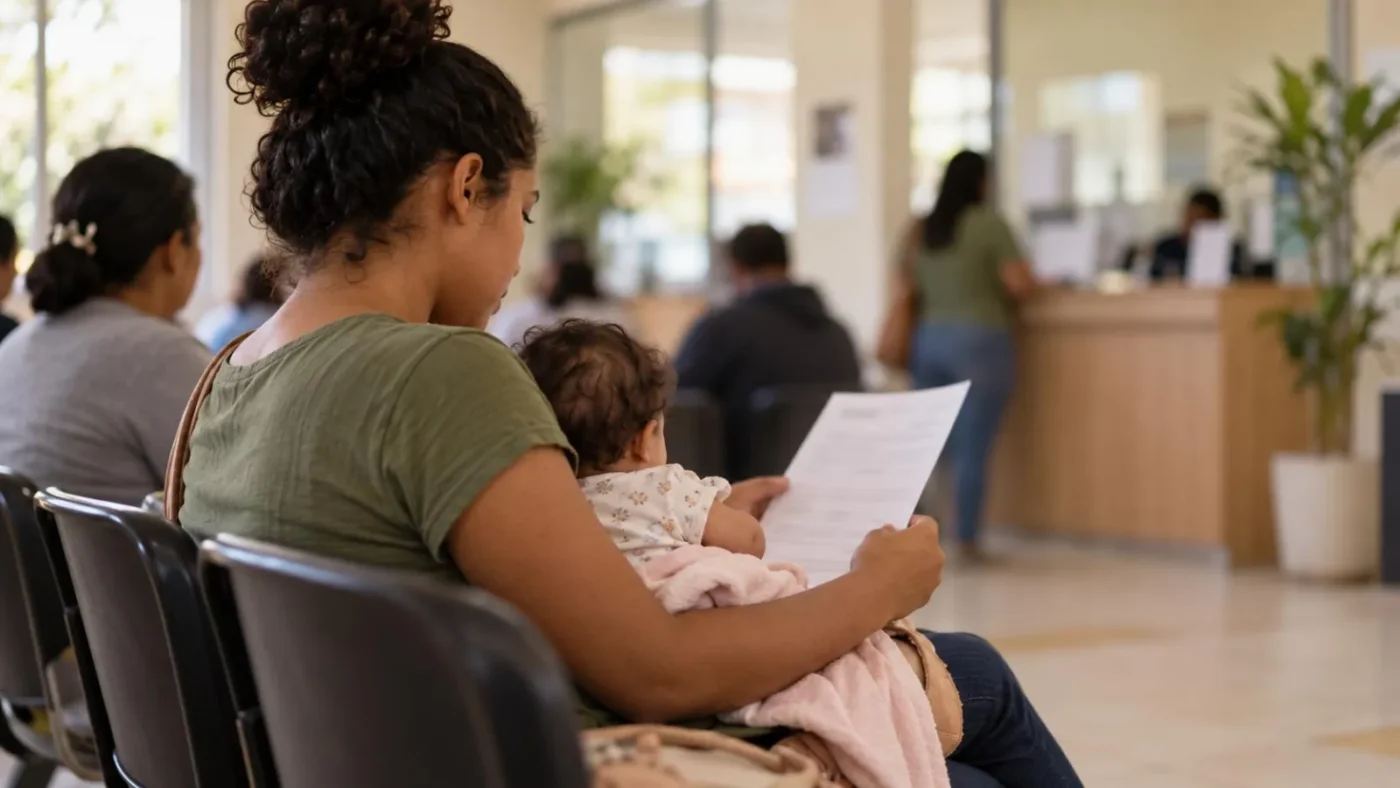 Mãe de perfil com bebê no colo em sala de espera, segurando papel de protocolo de inscrição